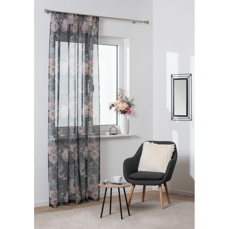 Firana z taśmą HORTENSE, Hortensje 140/260 cm kol czarny/kwiaty - 5903754822018