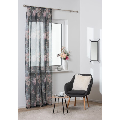 Firana z taśmą HORTENSE, Hortensje 140/260 cm kol czarny/kwiaty - 5903754822018