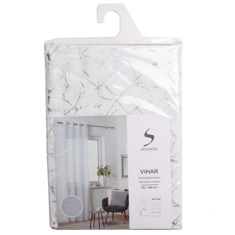 Firana z kółkami VIHAR 140/260 cm, kol. biały srebrny wzór - 5903754824500