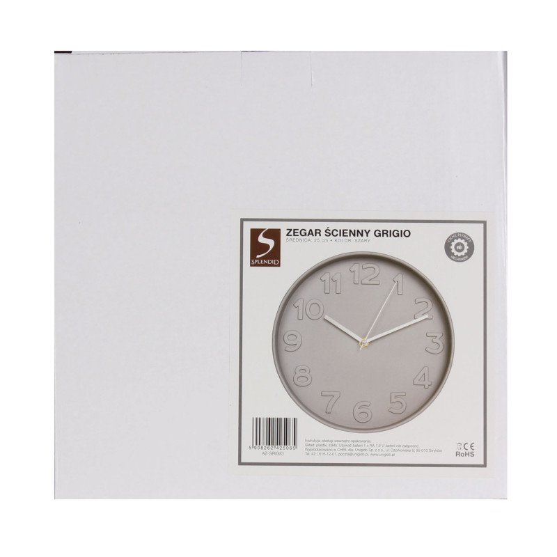 Zegar ści. GRIGIO kolor SZARY, śred - 25cm, gr 4cm  - mechanizm cichy  - 5908262425065