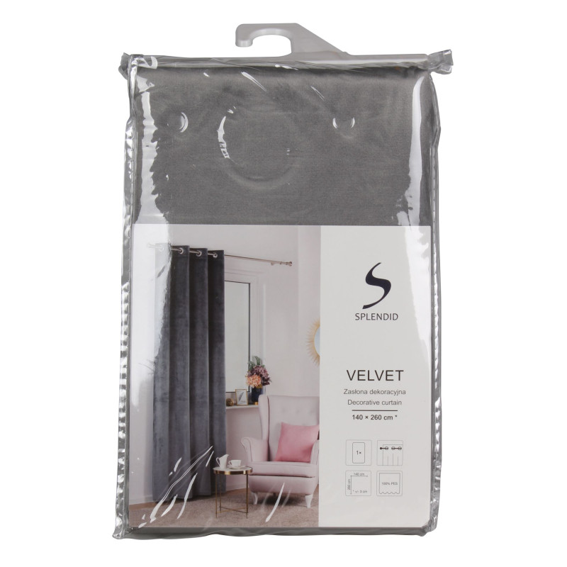Zasłona z kółkami VELVET 140x260 cm, kolor szary