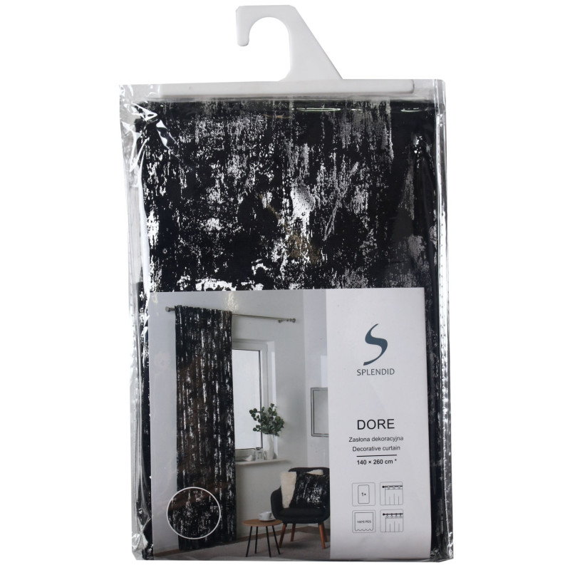 Zasłona z taśmą DORE 140x260cm, kolor czarny+srebro