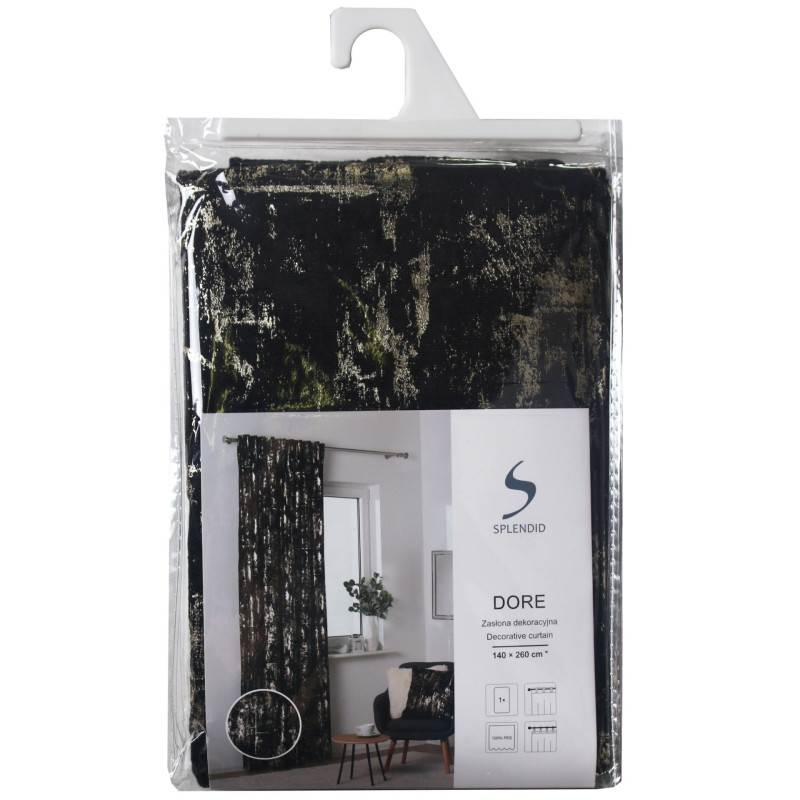 Zasłona z taśmą DORE 140x260cm, kolor czarny +złoto