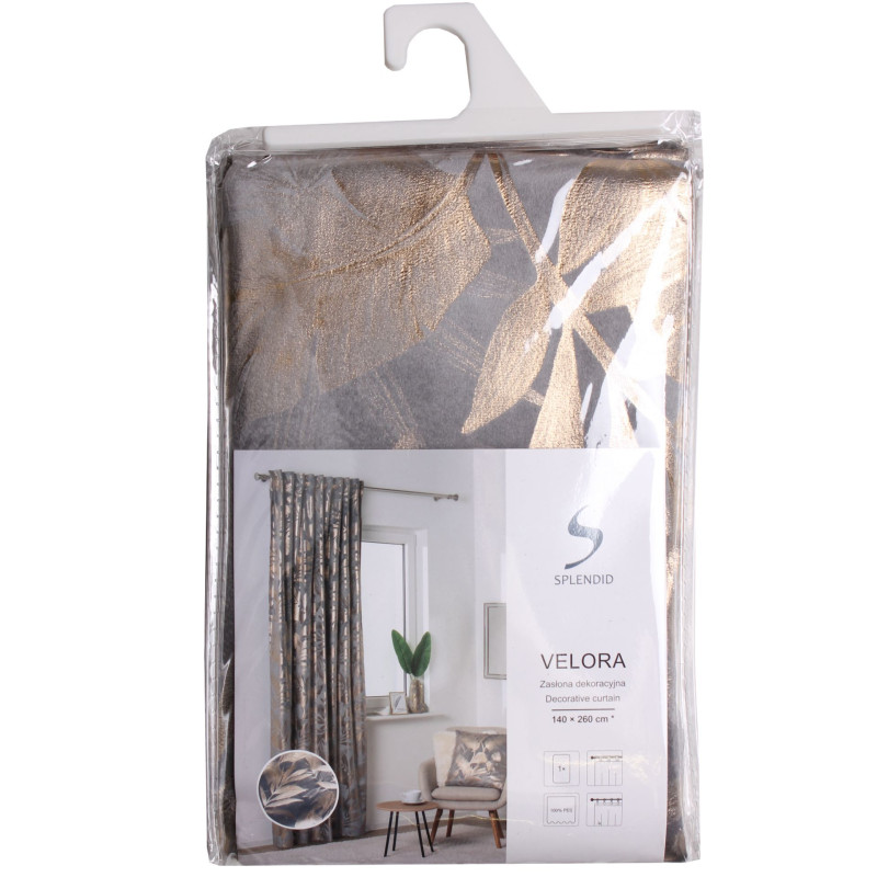 Zasłona na taśmie VELORA,140x260cm,k.szaro-złoty